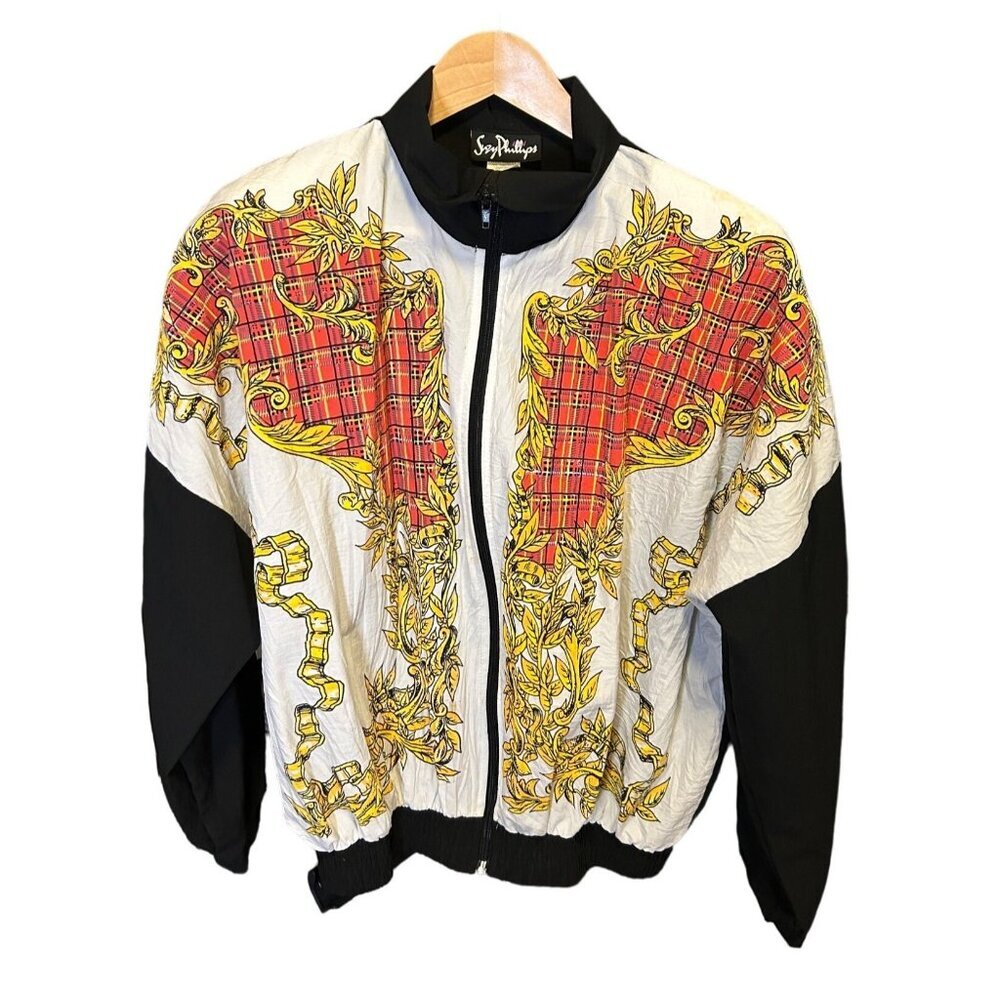 Vintage Suzy Phillips Jacket Black White Red Plaid Floral Design Sz L